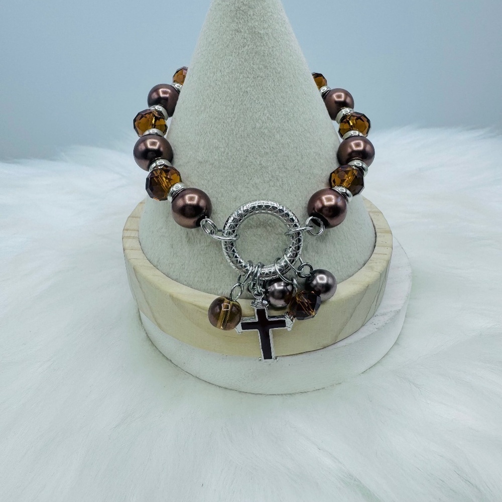 Brown Cross Charm Fashion Beaded Bracelet